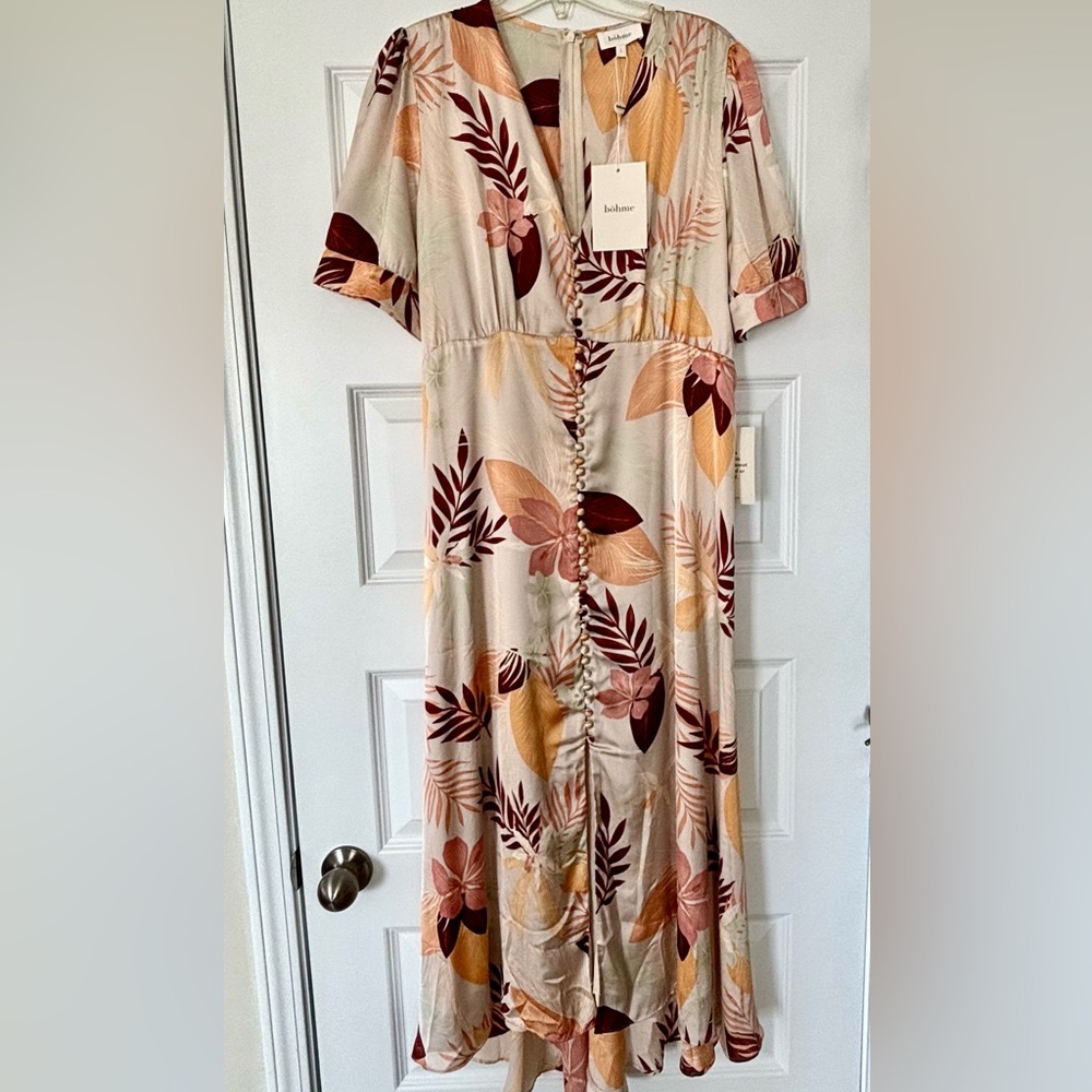 Bohme Cream and Burgundy Floral Midi Dress